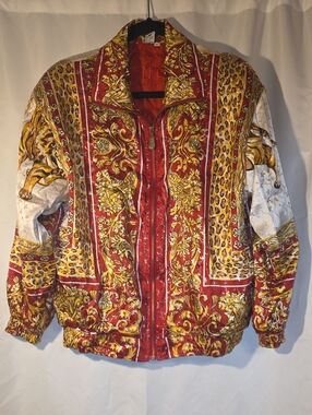 Silk Fuda Int. 90s Vintage  Baroque-Print Red & Gold Bomber Jacket Oversized   S
